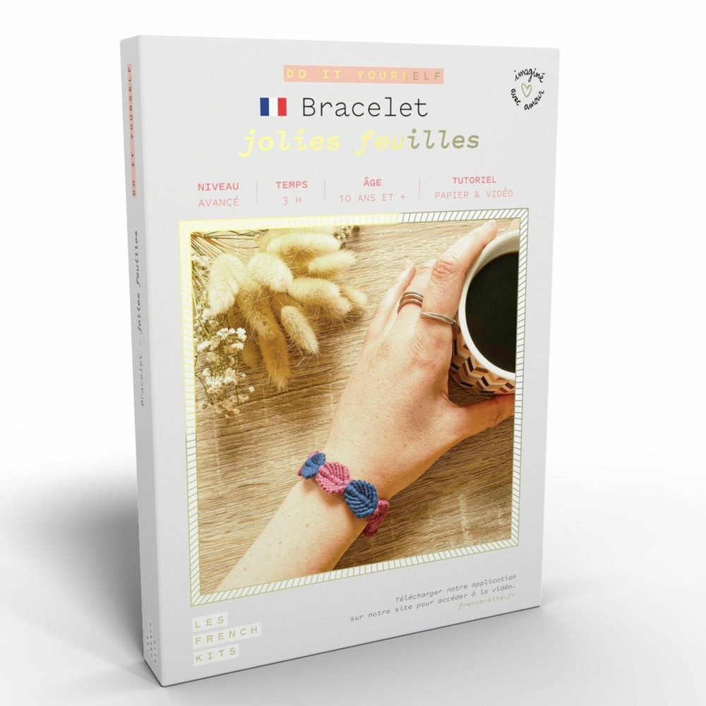 Bijoux macramé - bracelet feuilles bleu et rose