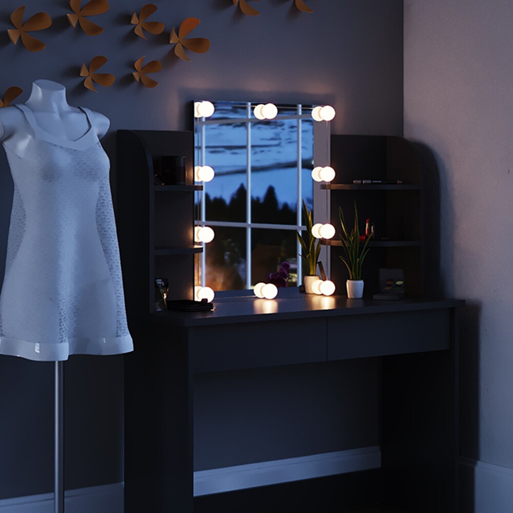Vicco Schminktisch Charlotte Frisiertisch Kommode Frisierkommode Spiegel Schwarz inklusive LED-Lichterkette