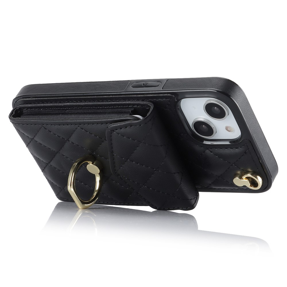 iPhone 15 Necklace Leder Hülle mit Kartenfächer   Finger Griff Halterung   Handykette (RFID Schutz) - Schwarz