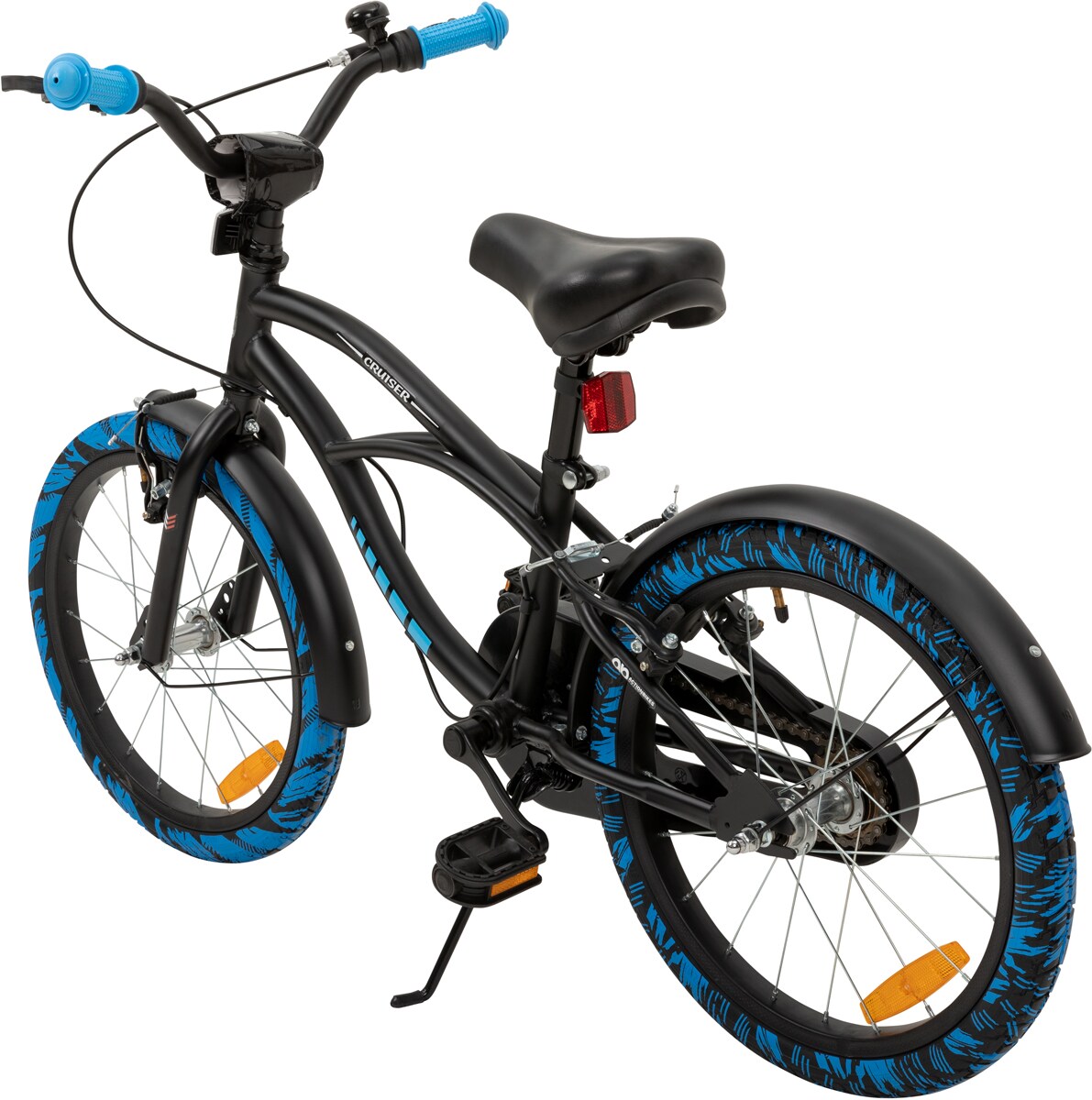 Actionbikes Kinderfahrrad Cruiser 18 Zoll, schwarz, Fahrradständer, Antirutschgriffe, Lenkerschutz (Schwarz/Blau)