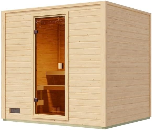 Karibu Gartensauna 230,8x189,9x219,5cm│Garten Sauna aus Fichte 38mm│mit bronzierter Glastür & 2 Liegen│Fronteinstieg│Massivholz│für2–4PersonenmitBoden