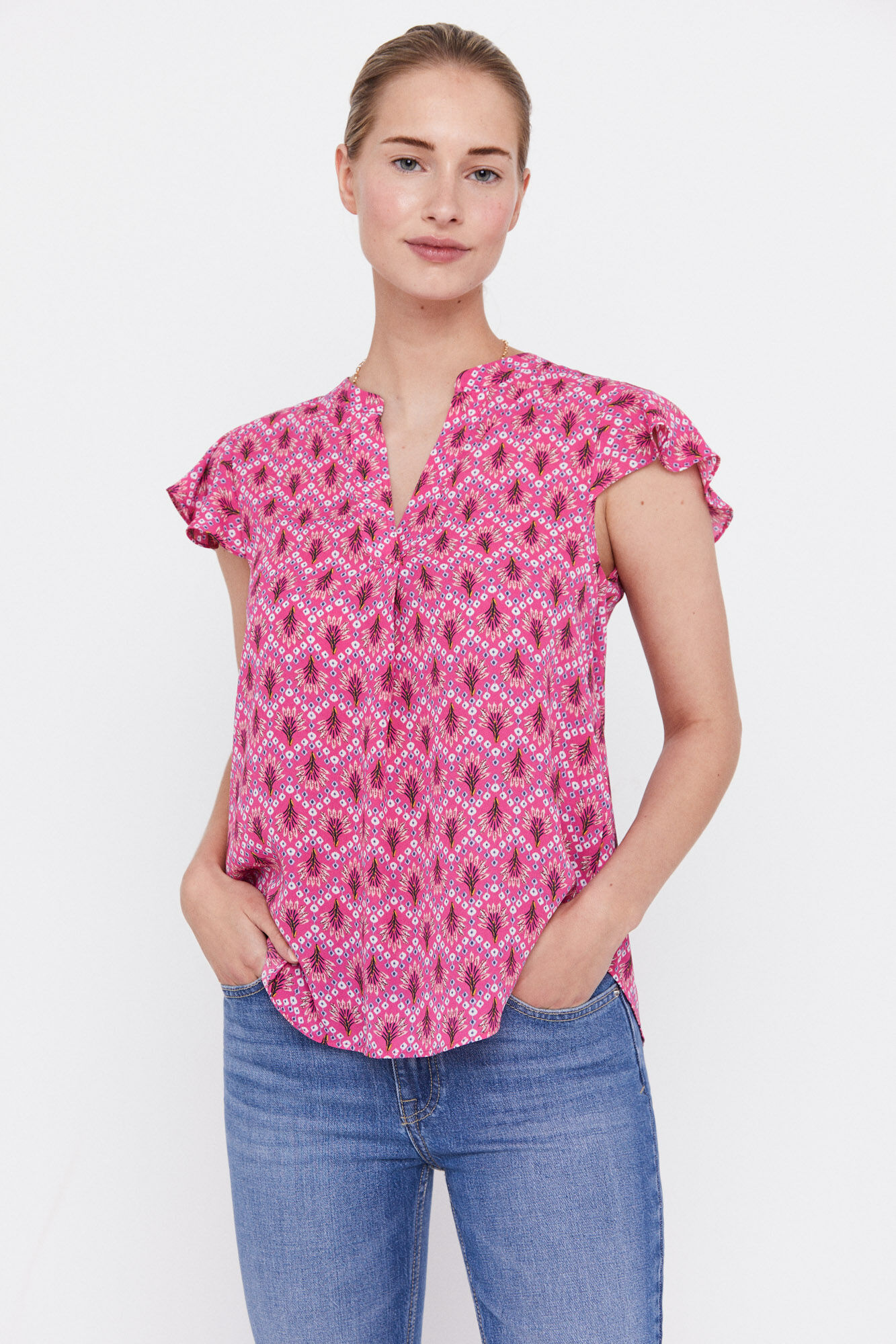 Blusa com mangas de babados - Multicolorida