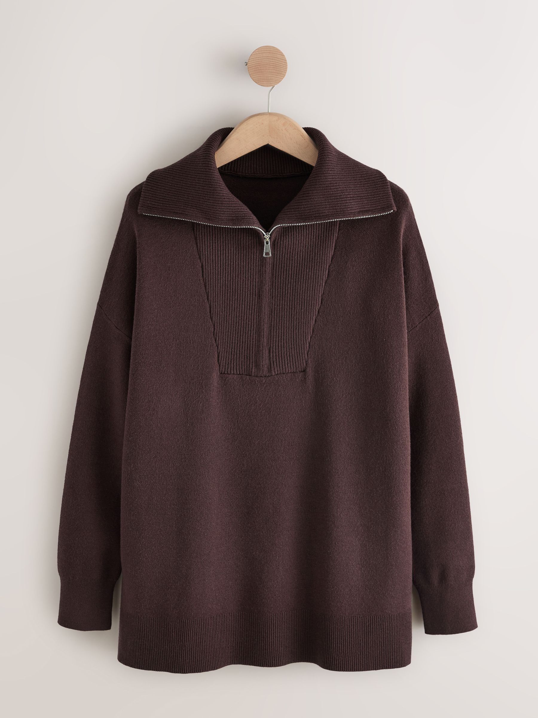 Chocoladebruin - Half Zip Knitted Jumper