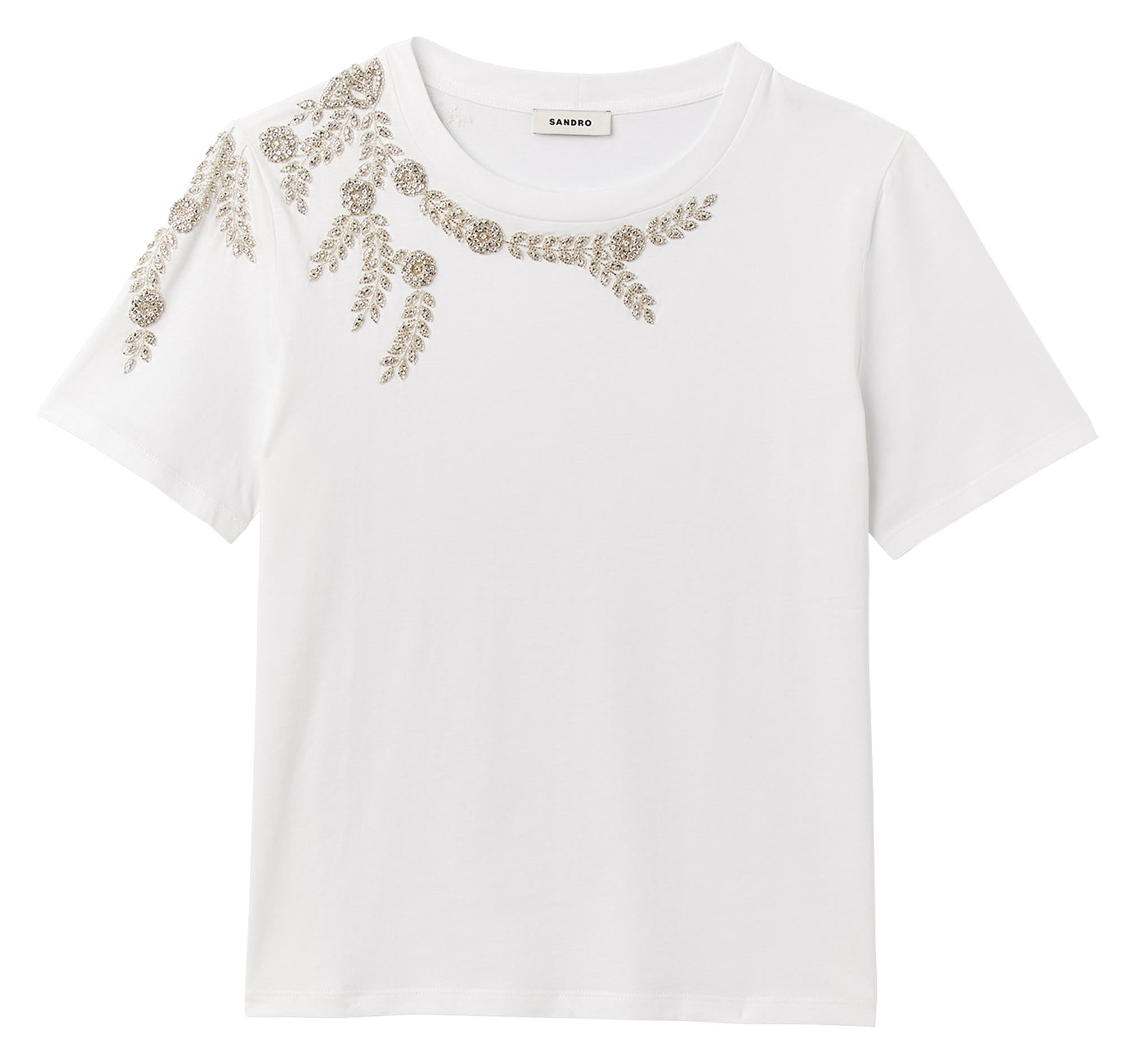 Tee-shirt col rond à sequins en coton| Blanc