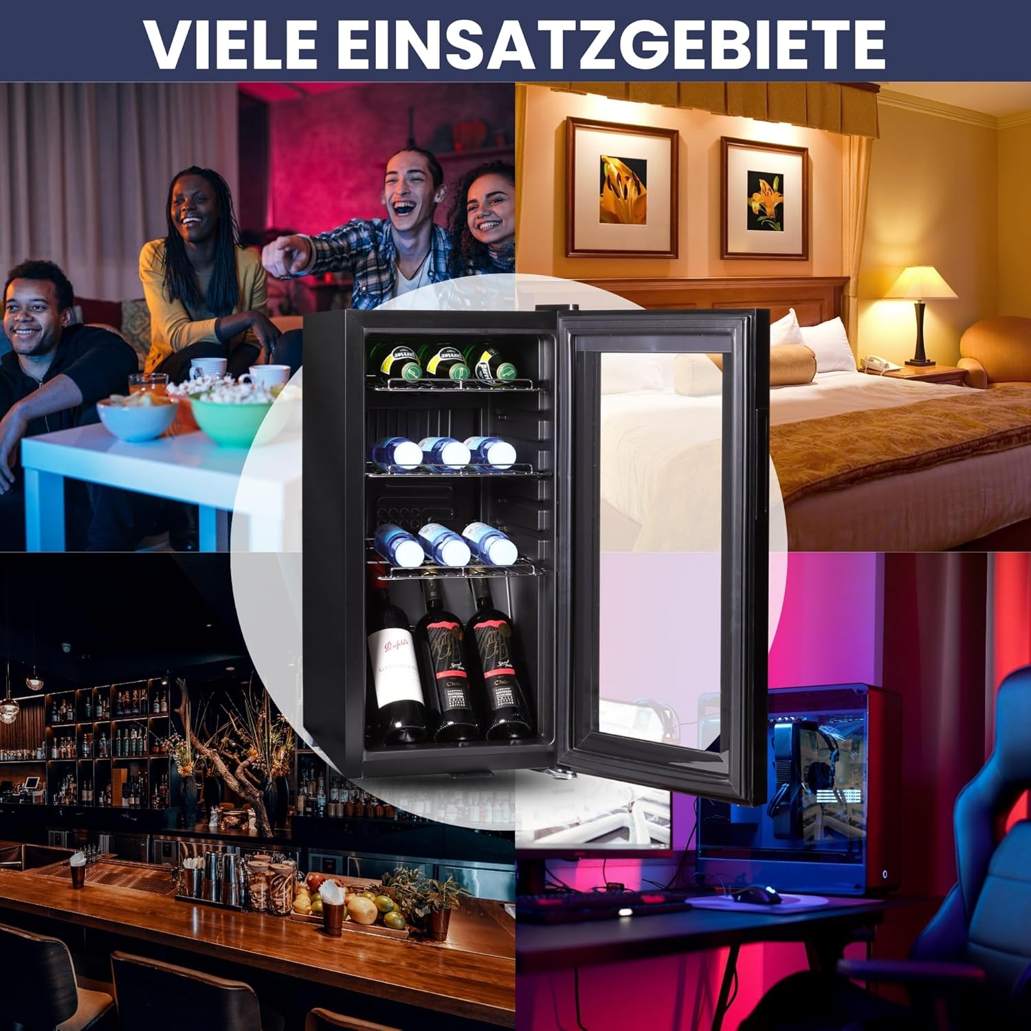 Kühlschrank mit Glastür GK50– Leiser Getränkekühlschrank mit LED, Touchscreen & Schloss kleiner Flaschenkühlschrank schwarz 50L