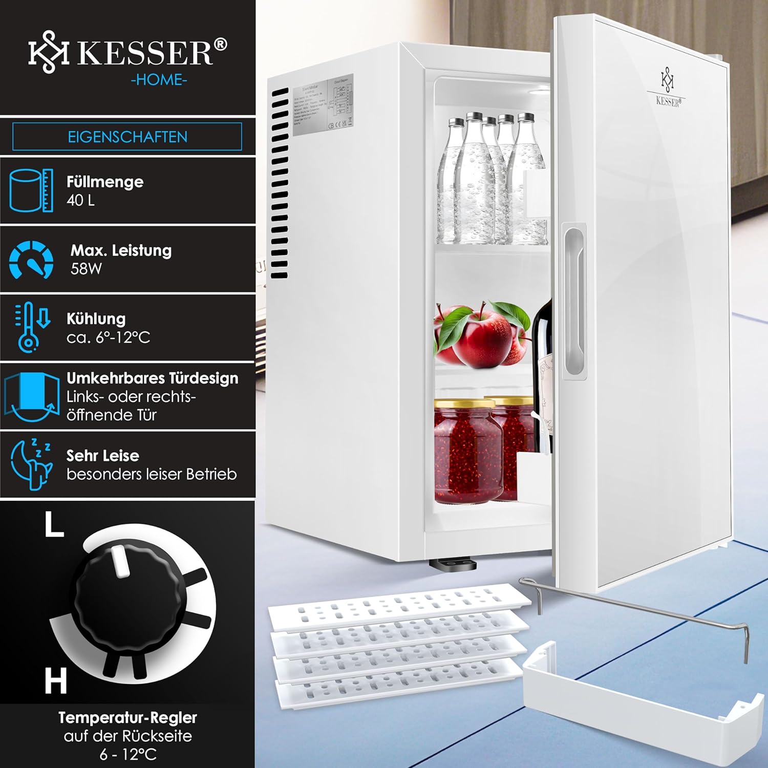 KESSER® Mini réfrigérateur avec Serrure, Mini Bar de 40 l, Silencieux, 22 DB, verrouillable, Chambre à Coucher, butée de Porte Amovible, env. 4 à 16 °C, Hauteur 57 cm, éclairage intérieur