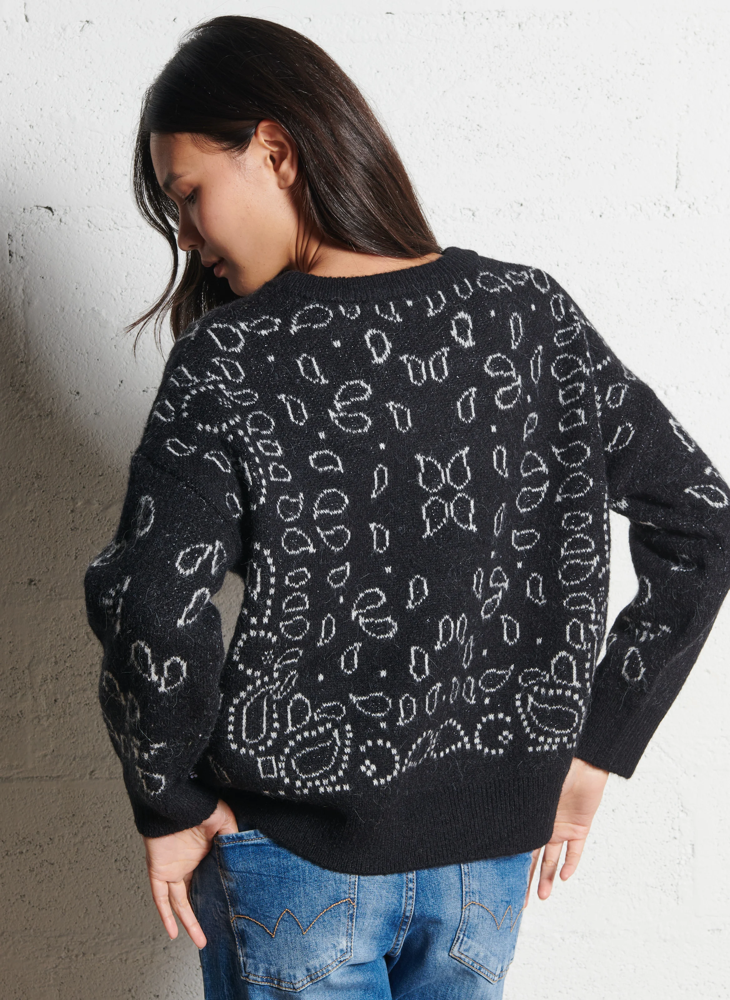 FARIT - Pull ample col rond en jacquard cachemire | Noir