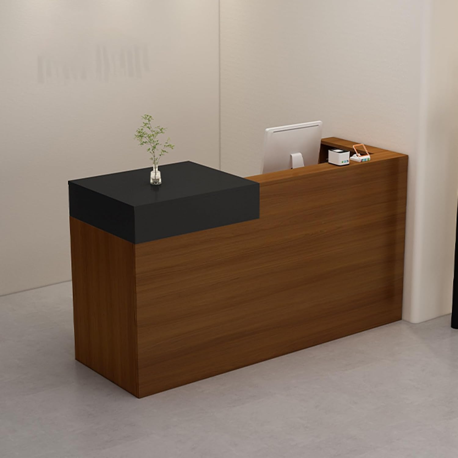 Moderner L-förmiger Empfangstresen mit abschließbarer Schublade, stilvoller Holz-Schreibtisch für Büros, Schönheitssalons und Lobbys, kommerzielle Empfangstheke (Braun/Schwarz, links, 90 cm)