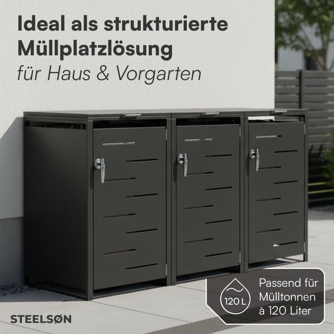 STEELSØN Diorus Mülltonnenbox 3er bis 120L abschließbar – Hochwertige Mülltonnenverkleidung für 3 Tonnen – Müllbox Stahl – Müllcontainer Schwarz - Mülltonnen Box wetterfest – Gerätebox mit Schloss