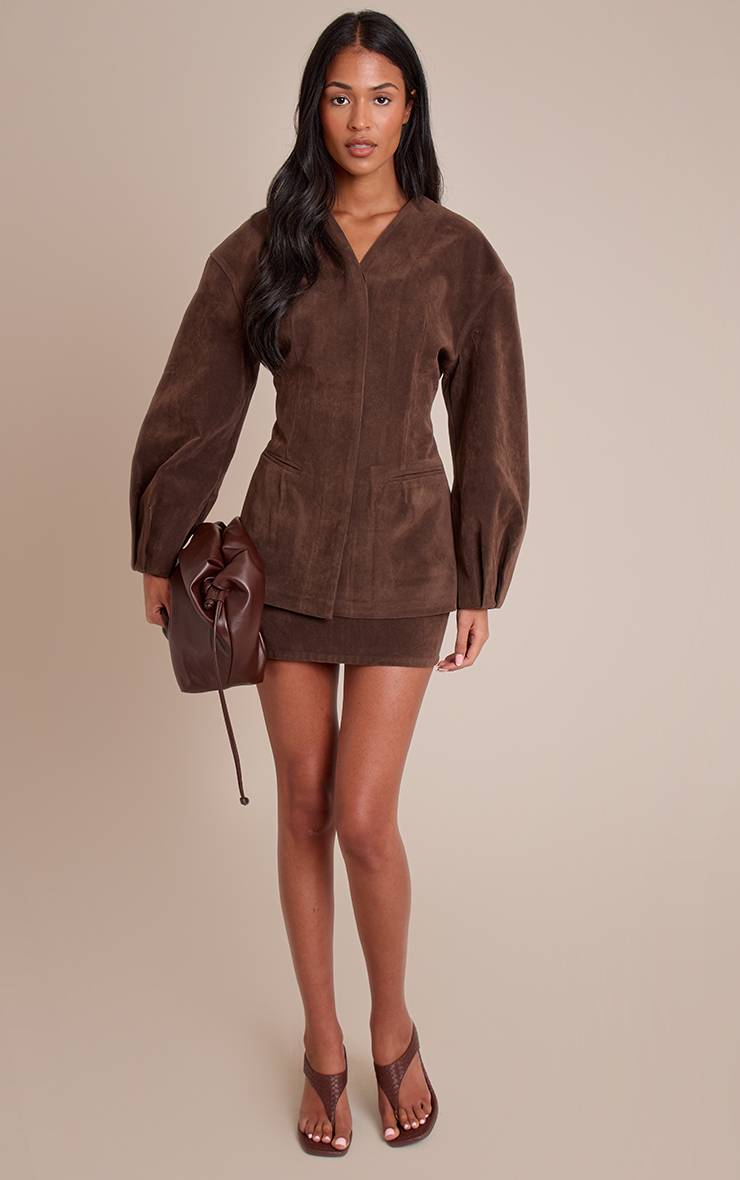 Marron Foncé Blazer Long Sans Col À Manches Cocon En Daim Avec Jupe Coordonnée