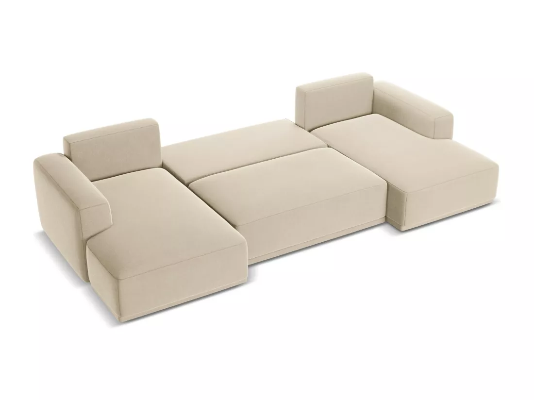 Canapé d'angle panoramique convertible en velours - beige clair - KAILA