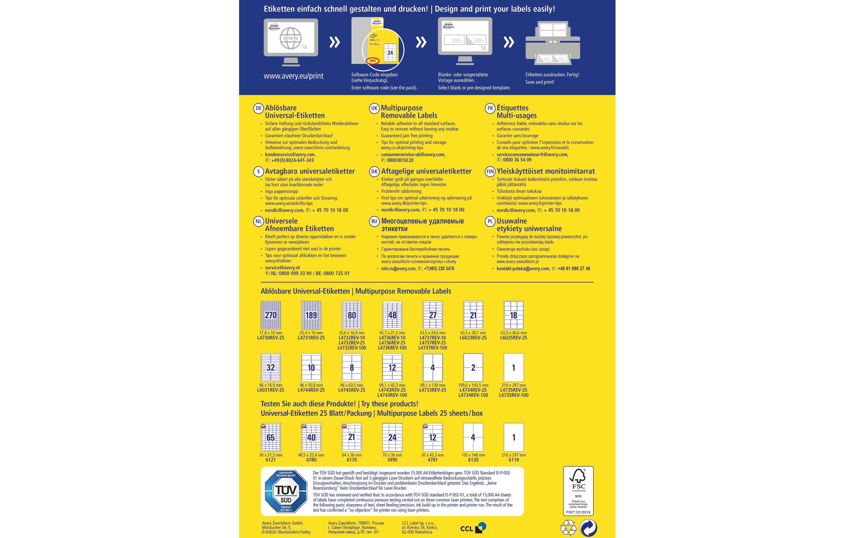 Universal-Etiketten Stick + Lift 99.1 x 42.3 mm, 100 BlattAblösbare Etiketten