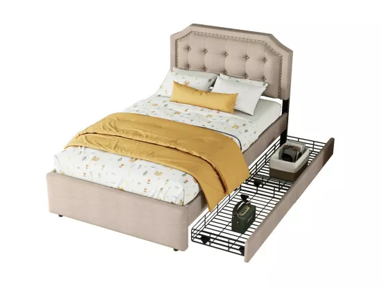 Lit capitonné en tissu de lin avec 2 tiroirs - 90x200cm - tête de lit décorée de rivets - Taupe