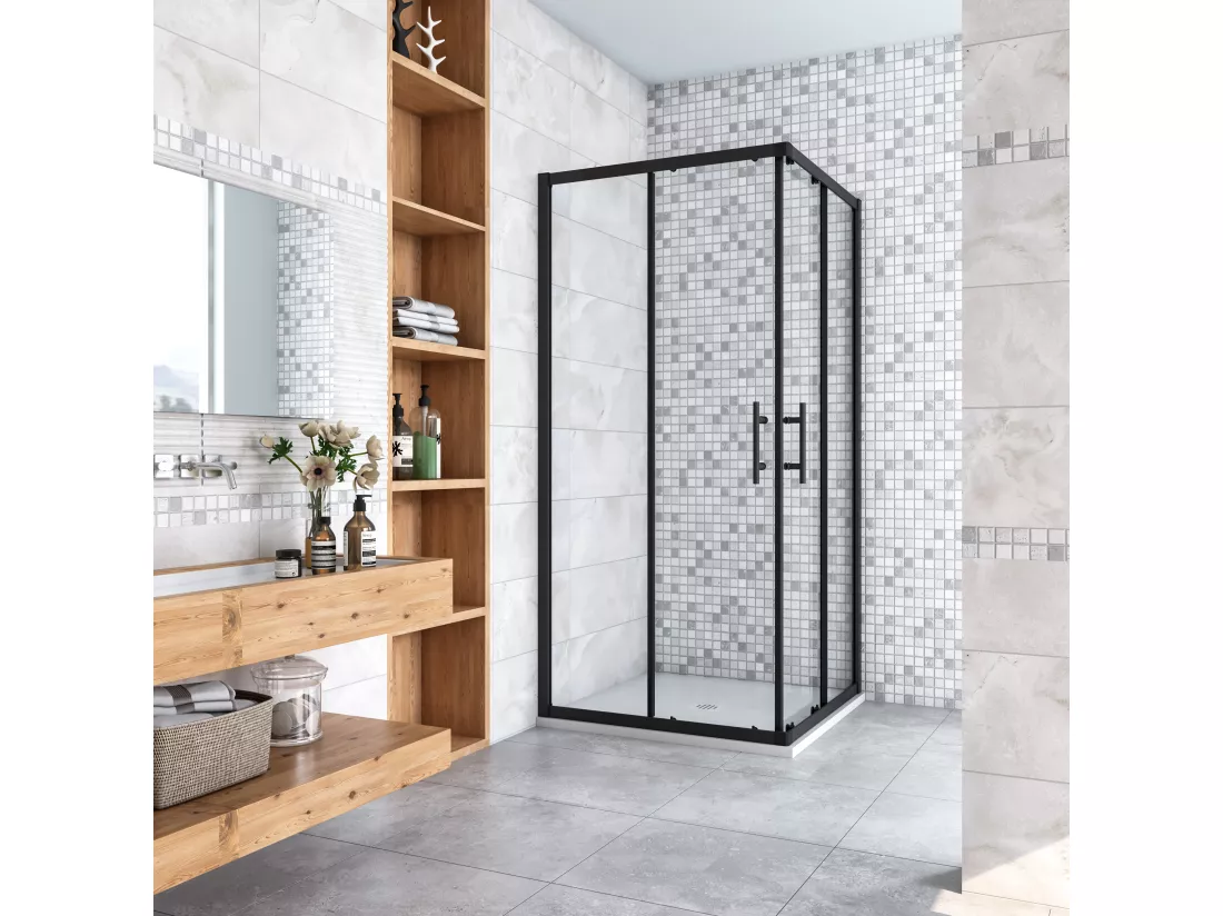 AICA Cabine de douche 90x90x200cm accès d'angle - Noir Mat , porte de douche coulissante, en 6mm verre anticalcaire, cabine de douche noire