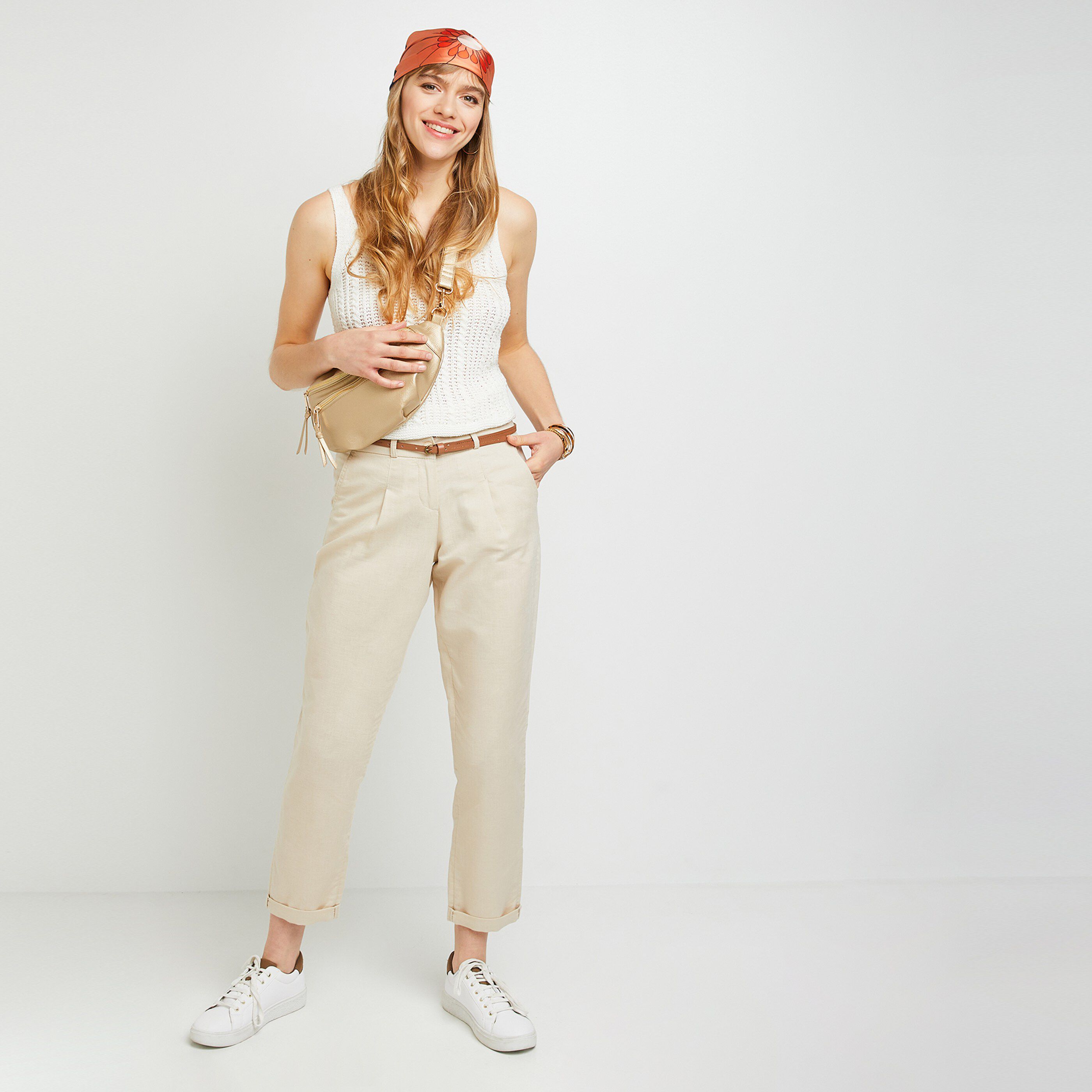 Chino lin mélangé femme - BEIGE