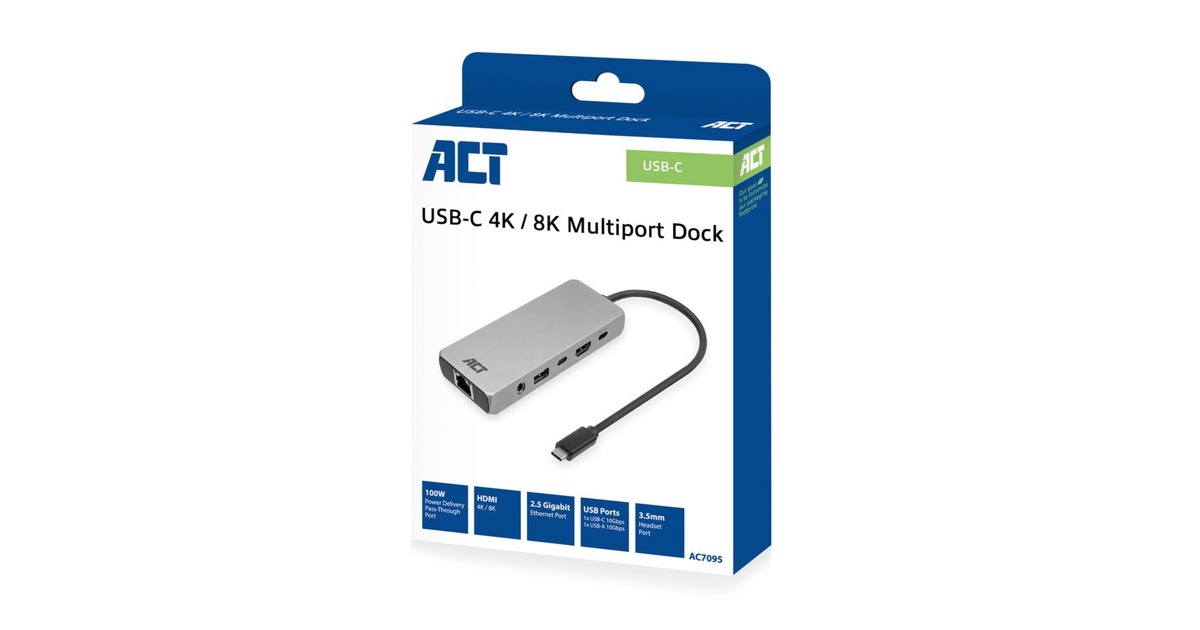 ACT ConnectivityUSB-C 4K / 8K 60Hz dockingstation  (Grijs)