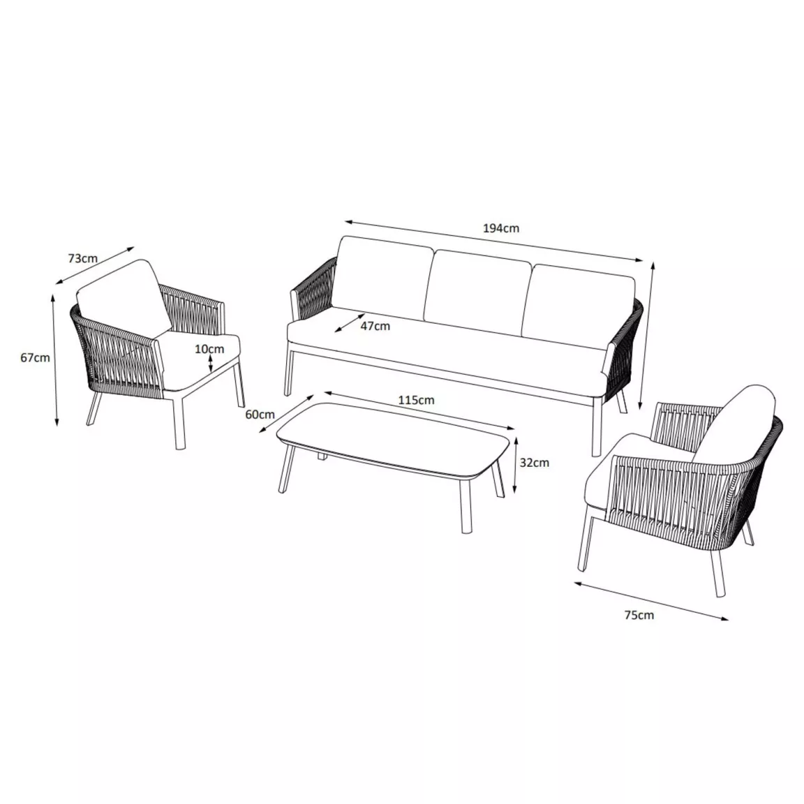 Salon de jardin en aluminium 5 places 4 pcs Amalfi Blanc et taupe