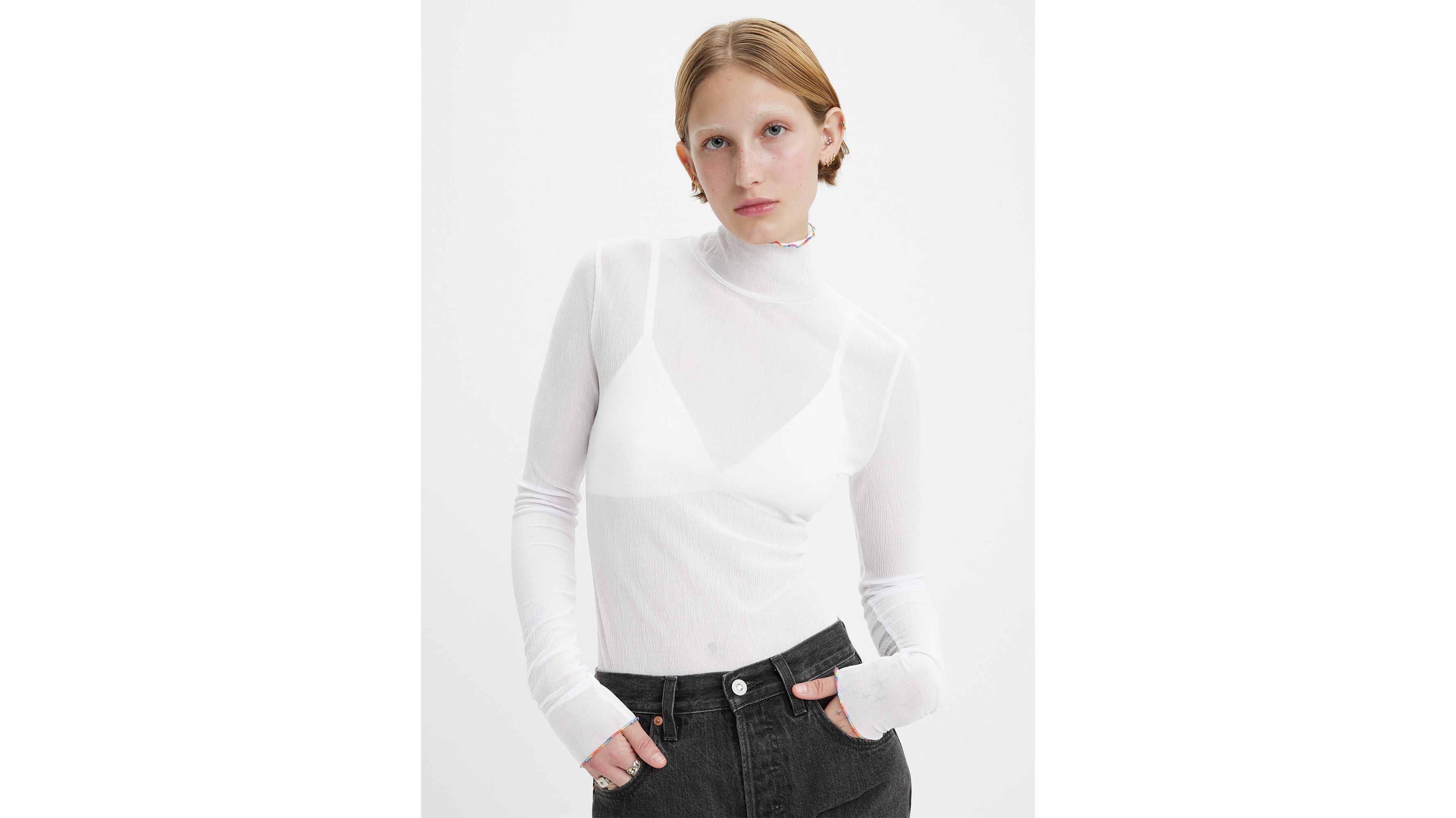T-shirt manche longue 2e peau ourlet roulotté à effet ondulé - White - Blanc