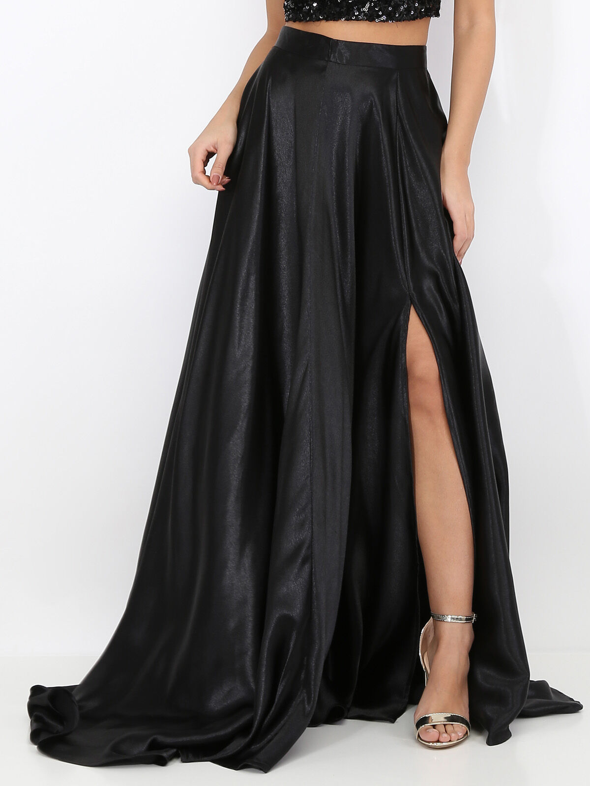 Jupe longue taille haute effet satiné- Noir
