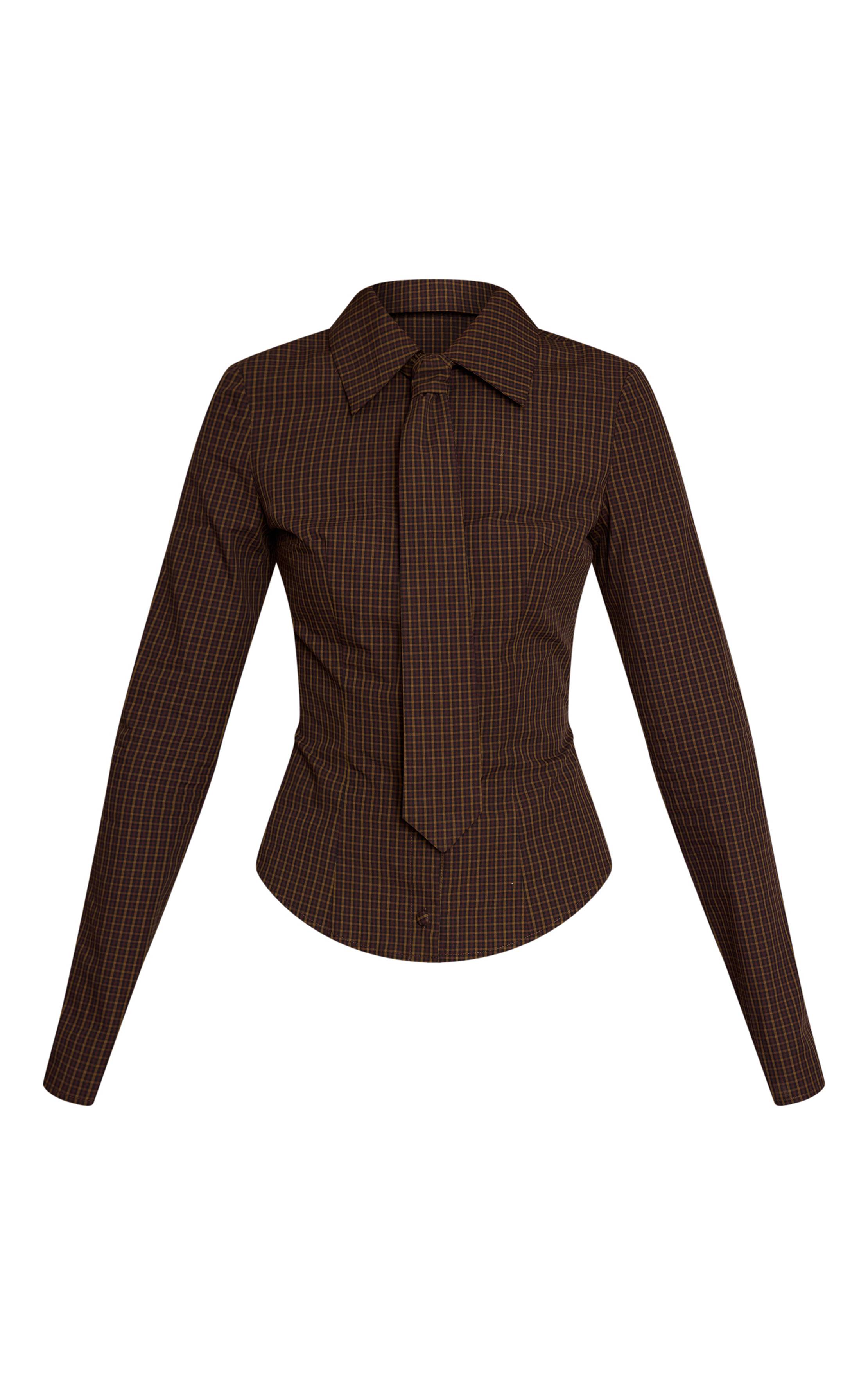 Marron Chemise Cintrée À Carreaux Avec Détail Cravate