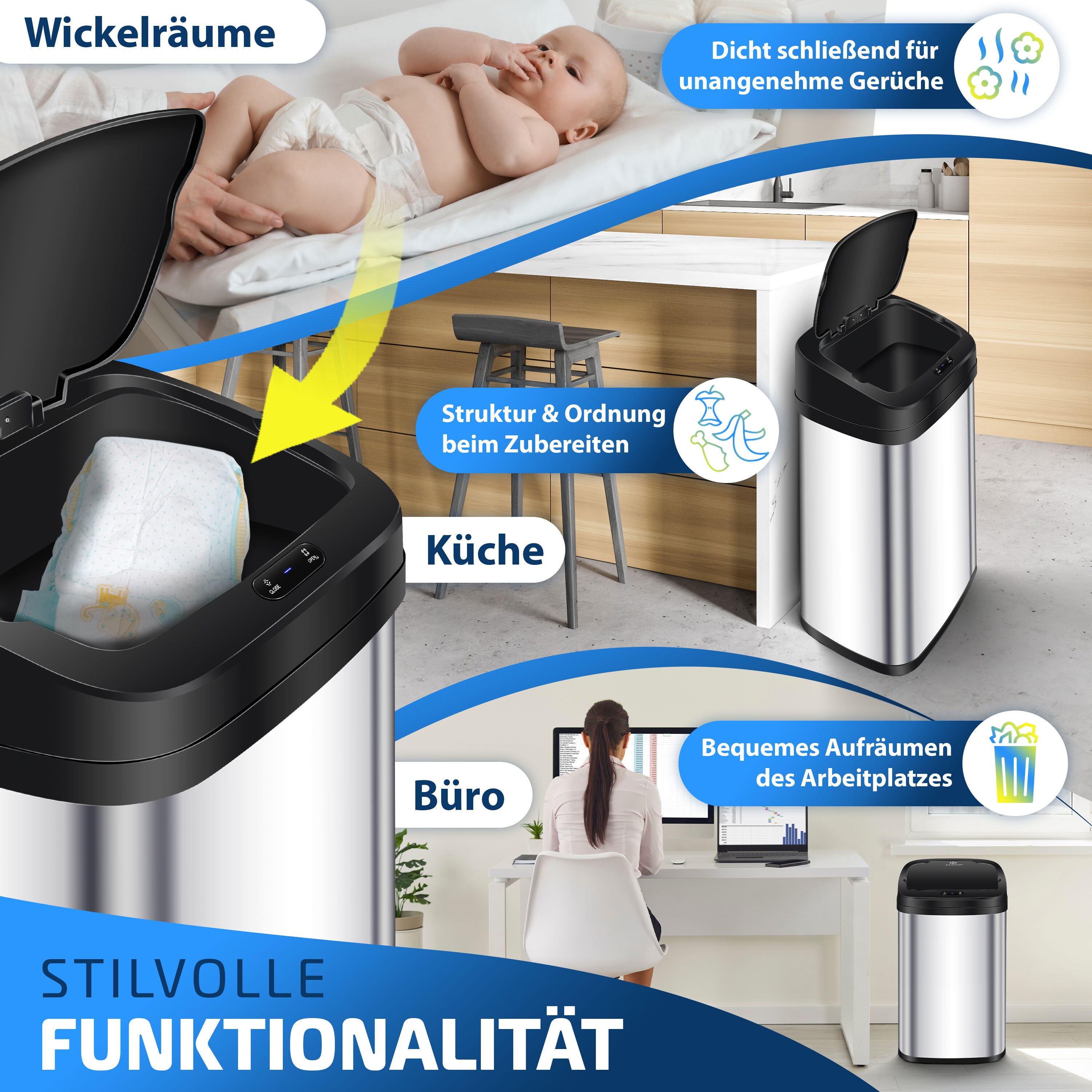 KESSER® Sensor Mülleimer Küche | Automatik mit Bewegungssensor Abfalleimer & Soft-Close-Deckel | Müllbehälter mit Touch-Bedienfeld & Sensor | LCD-Display | Edelstahl | inkl. Müllsackhalter
