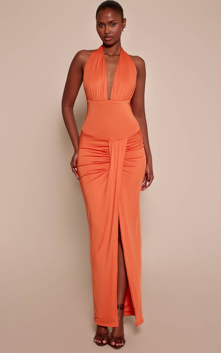 Orange Robe Longue Drapée À Corsage Bustier Plongeant