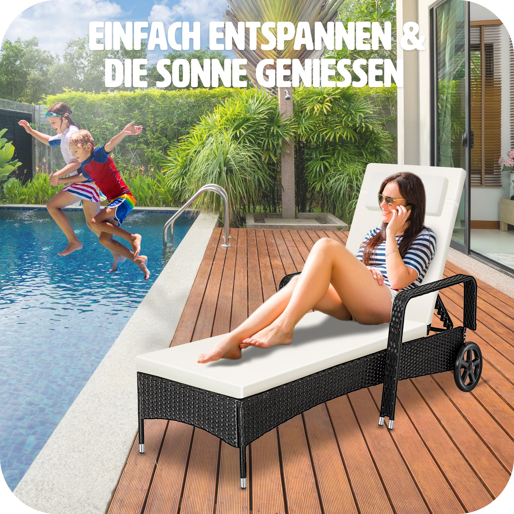 tectake® Rattan Sonnenliege, widerstandsfähig, 6-fach verstellbare Rückenlehne, 200 x 70 x 33 cm