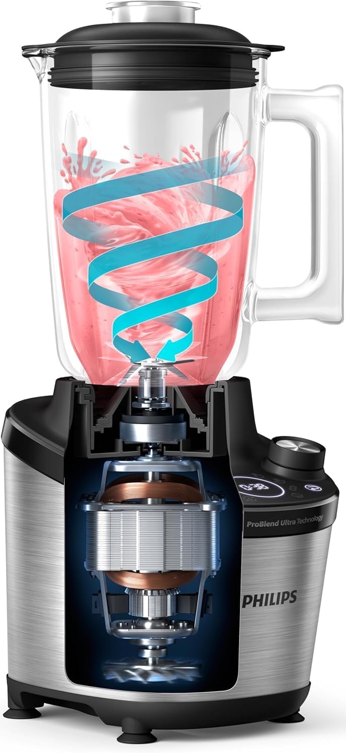Philips 7000 Series Hochleistungsstandmixer – ProBlend Ultra Technologie, 1.500 W, 2-L-Glasbehälter, Schnellauswahlprogramme für Smoothies & Suppen, HomeID App, Spülmaschinenfeste Teile (HR3760/10)