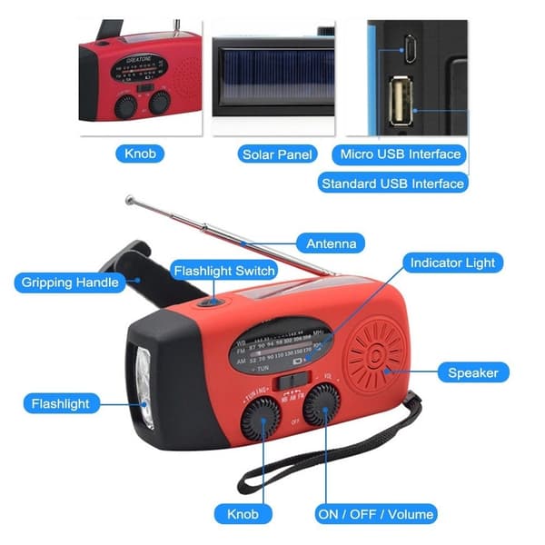 Håndsveiv Solar FM/AM Radio lommelykt NOAA Power Bank-funksjon