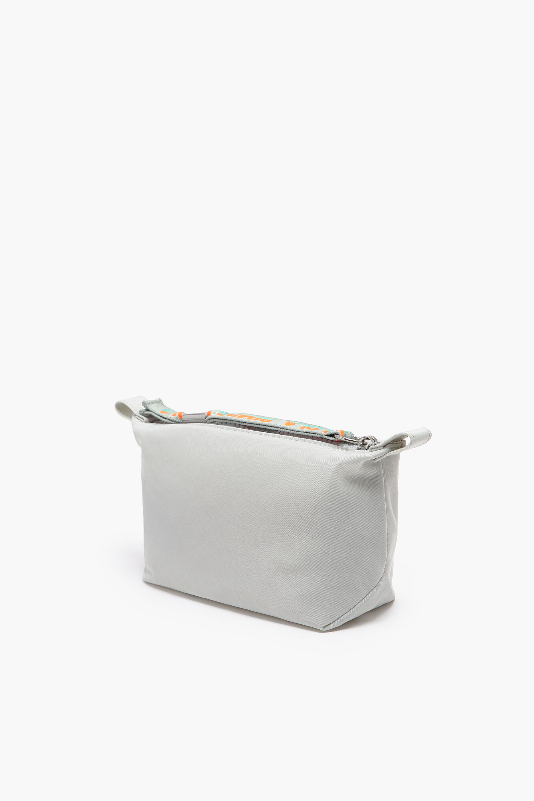 Nécessaire trapezoidal tamanho P, em nylon cinza gelo.