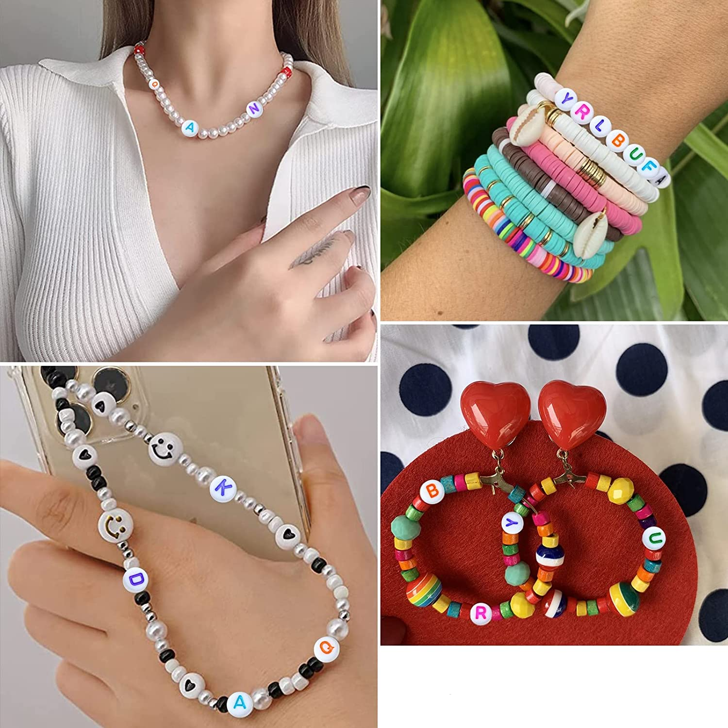 (100er Set) Buchstaben Perlen DIY Bastel Schmuck Zwischenperle für Armband / Kette - Weiss / Neon