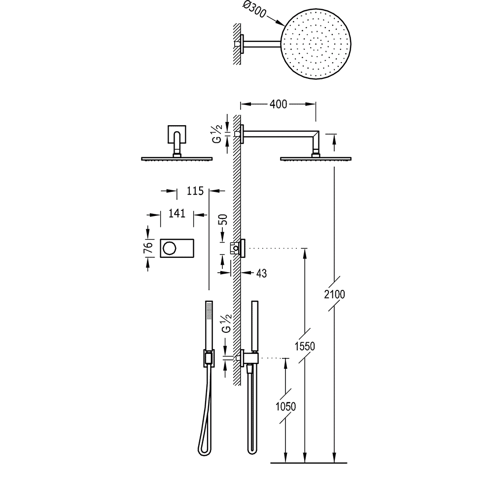 Tres Shower Technology elektronische inbouwthermostaat met regendouche 30cm met wandarm en handdouche mat zwart