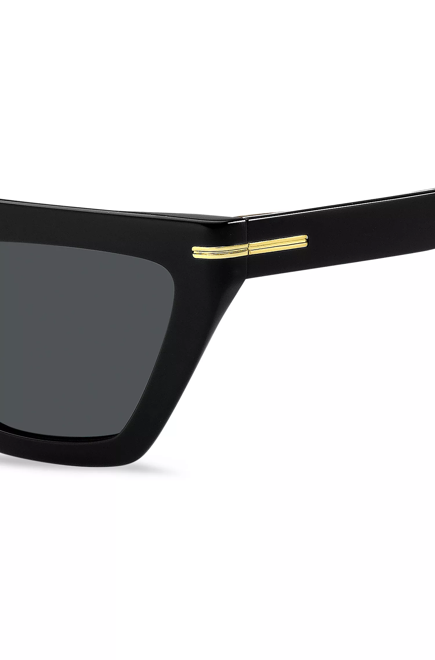 Óculos de sol BOSS em acetato preto com detalhes dourados.