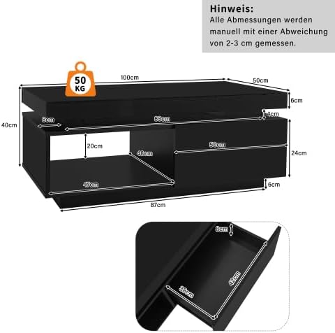 Merax Couchtisch mit LED-Beleuchtung, Hochglanz-Oberfläche, 1 Schublade, 100x50x40 cm, Moderner Sofatisch für Wohnzimmer, Robuster Kaffeetisch, Beistelltisch mit praktischem Stauraum