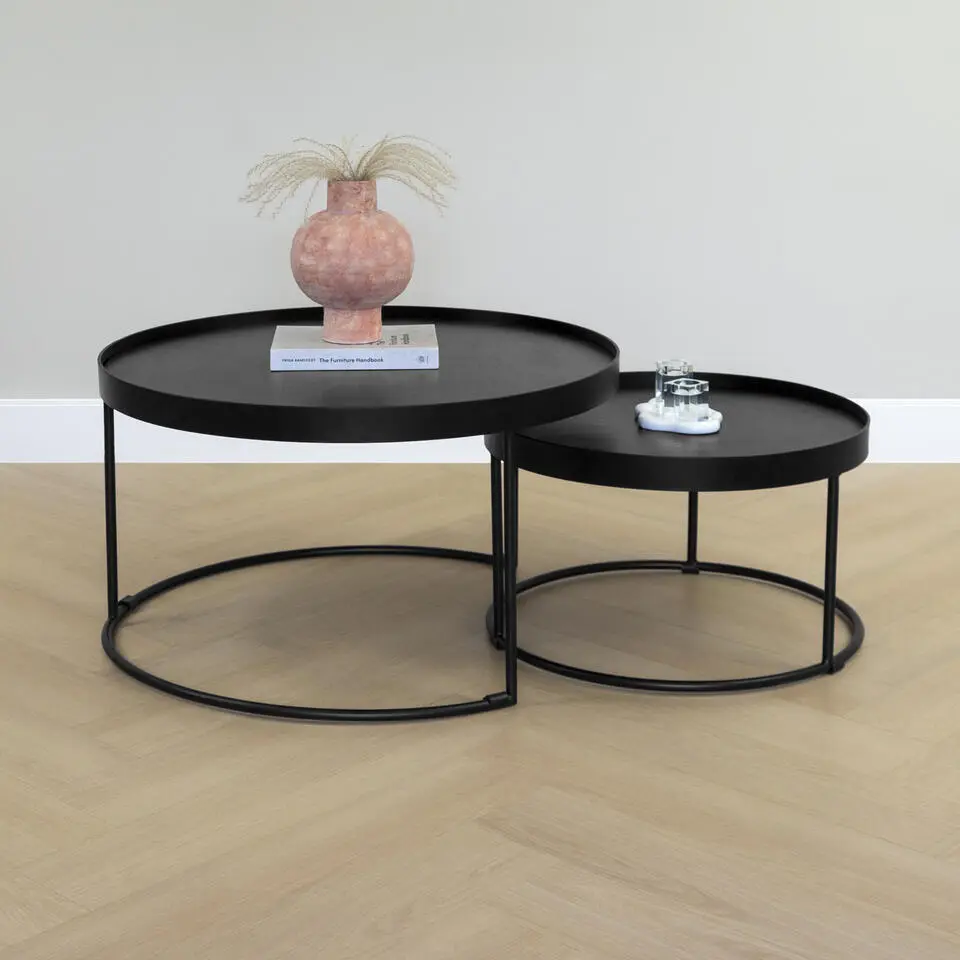 QUVIO Salontafel Sara - Set van 2 - FSC® mangohout - Metaal - Zwart