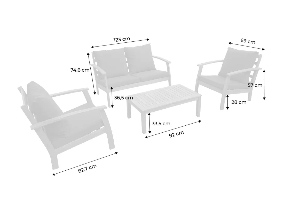 Salon de jardin en bois 4 places Coussins kaki. canapé. fauteuils et table basse en acacia. design