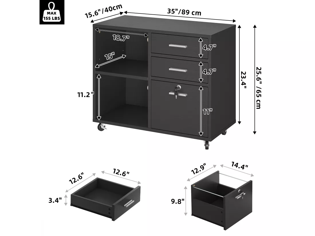 YITAHOME Armoire de Classement Mobile en Bois à 3 tiroirs, Armoire de Rangement avec Verrouillable, Noir