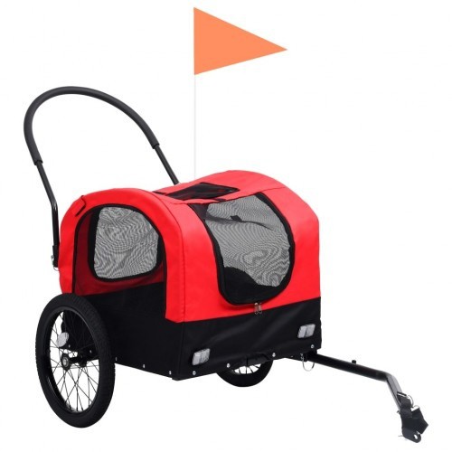 Reboque vermelho para bicicletas, ideal para animais de estimação.