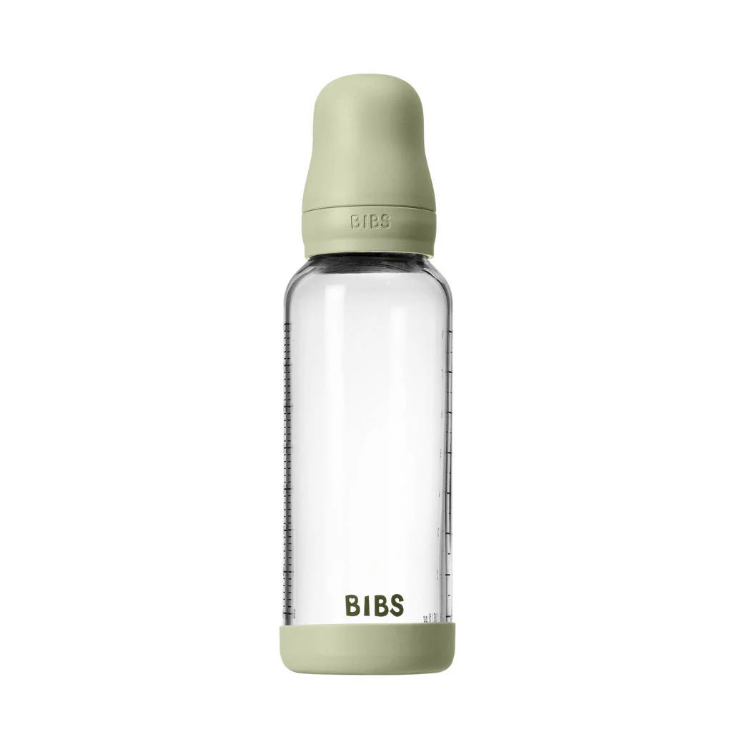 BIBS Glazen Babyfles - 240 ml - Sage - met latex speen en opvouwbare trechtertje