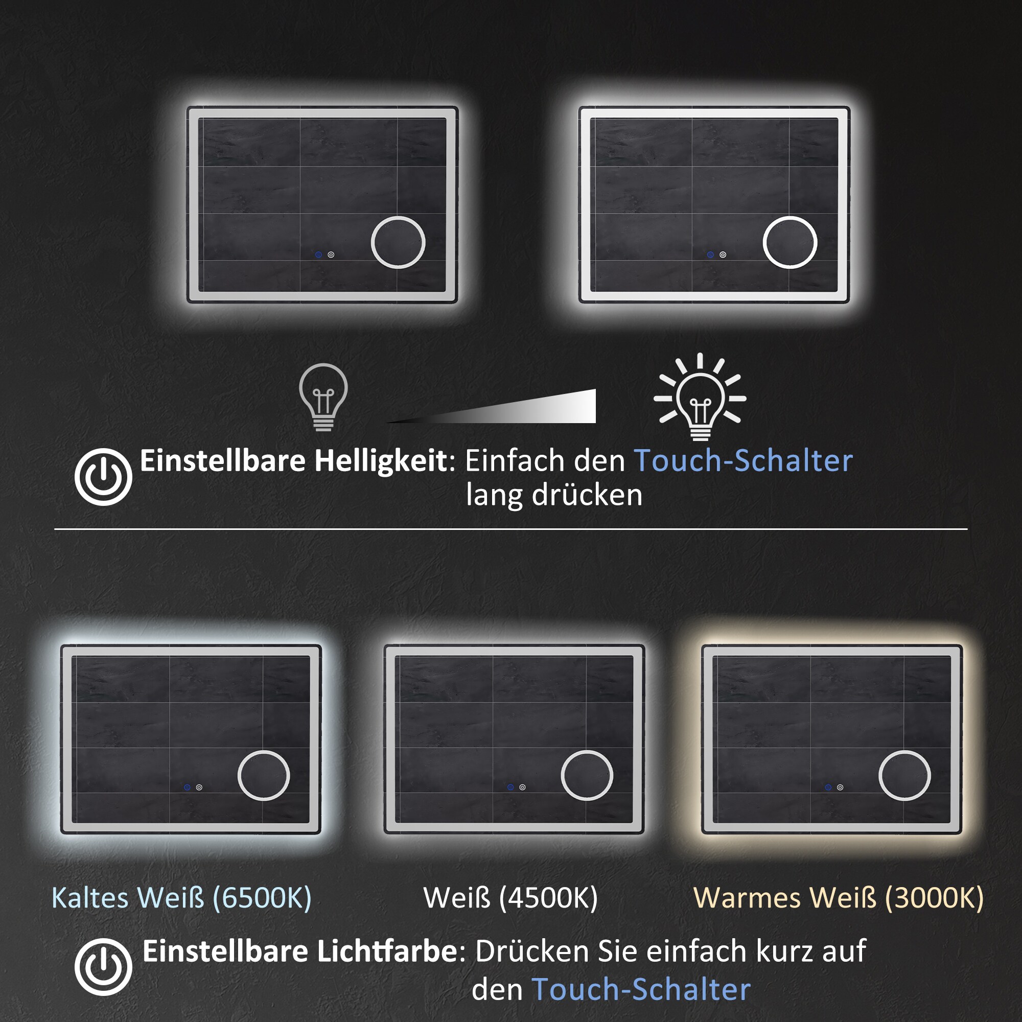 kleankin Badspiegel mit integriertem dreifach-Vergrößerungsspiegel weiß 80L x 3,8B x 60H cm