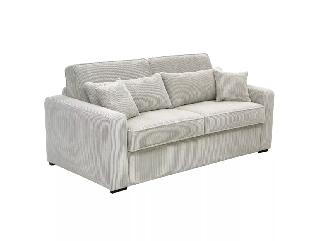Canapé 3 places convertible express en velours côtelé beige - Couchage à lattes larges 140 cm - Matelas 16 cm - MONDOVI