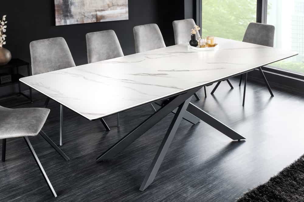 Ausziehbarer Esstisch ALPINE 160-200cm weiß Keramik Marmor schwarzes Metallgestell