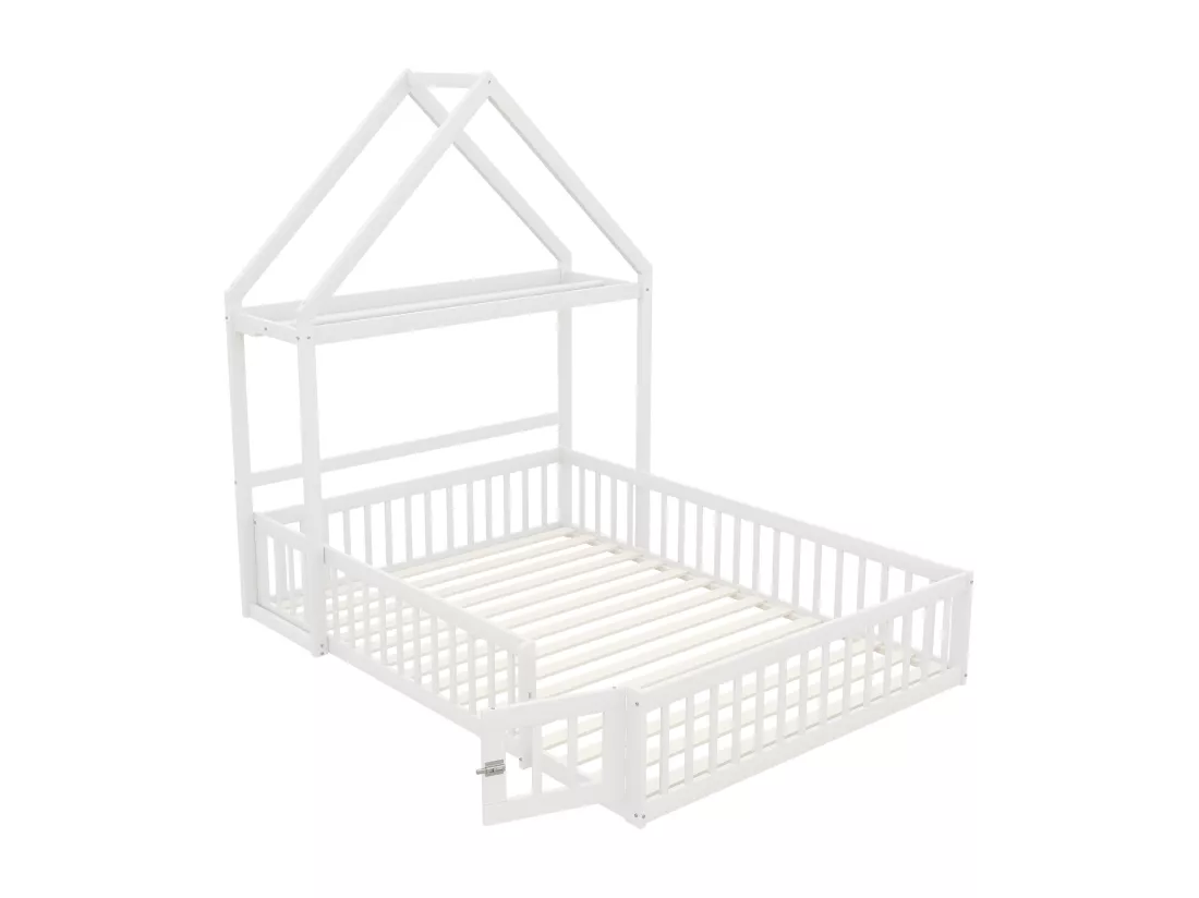 Lit enfant cabane 140x200cm en bois massif - avec tringle à vêtements - Blanc