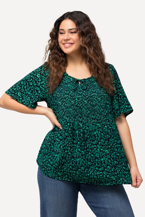 Smok-Bluse, Leomuster, A-Linie, Rundhals, Halbarm