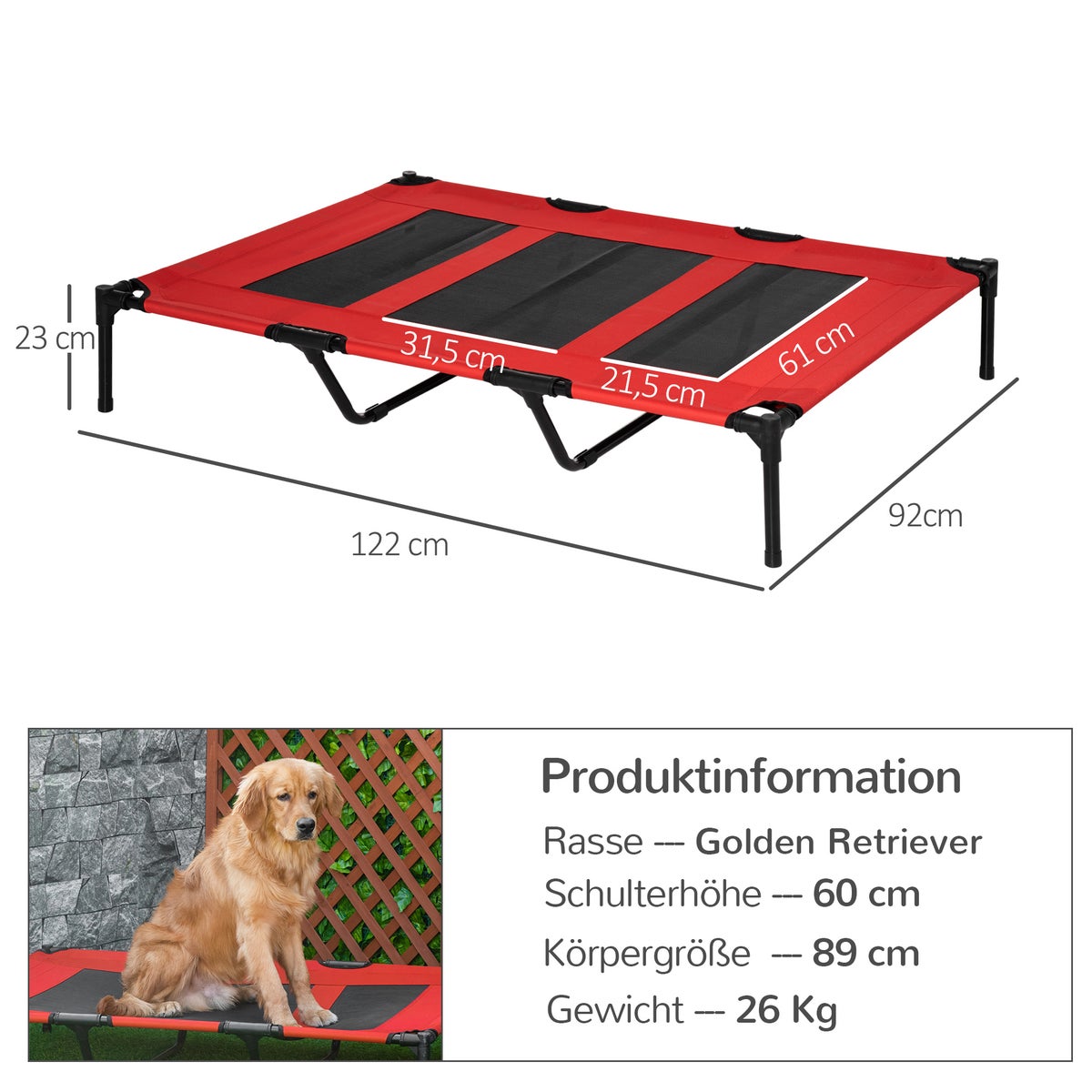 PawHut hondenbed, 122L x 92B x 23H cm, metaal, Oxford, Texteline stof, rood+zwart