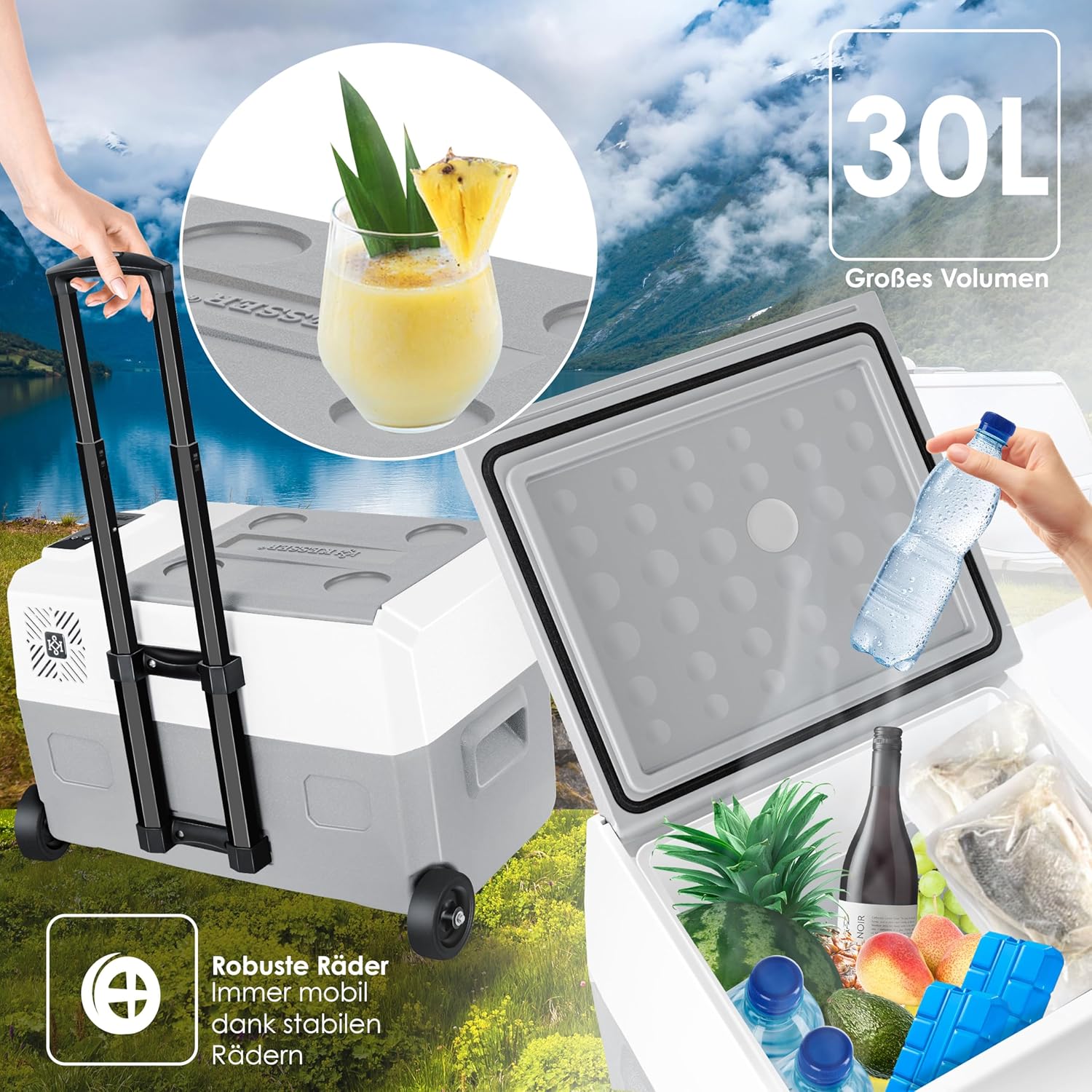 KESSER® Kompressor Kühlbox elektrisch Gefrierbox, 30 Liter Mit APP-Steuerung USB-Anschluss 12/24 V 230V, +Teleskopstange, 2x Kühlakkus Räder Kühlschrank Kühlung bis -20 °C für Auto, Lkw, Boot