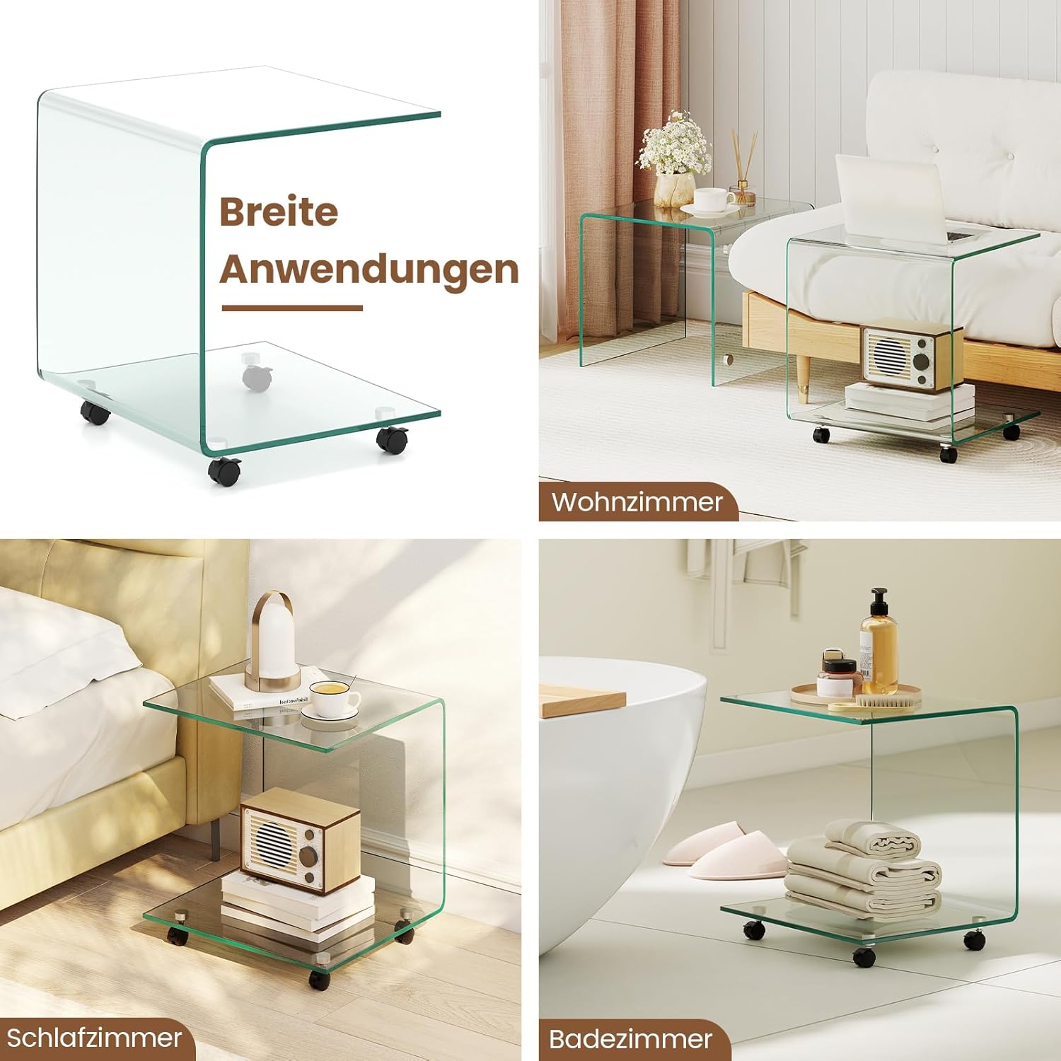 COSTWAY Beistelltisch aus gehärtetem Glas mit Rollen, Glastisch C-Form, Nachttisch, Sofatisch, Kaffeetisch für Wohnzimmer, Schlafzimmer, 45 x 40 x 48 cm (Transparent)