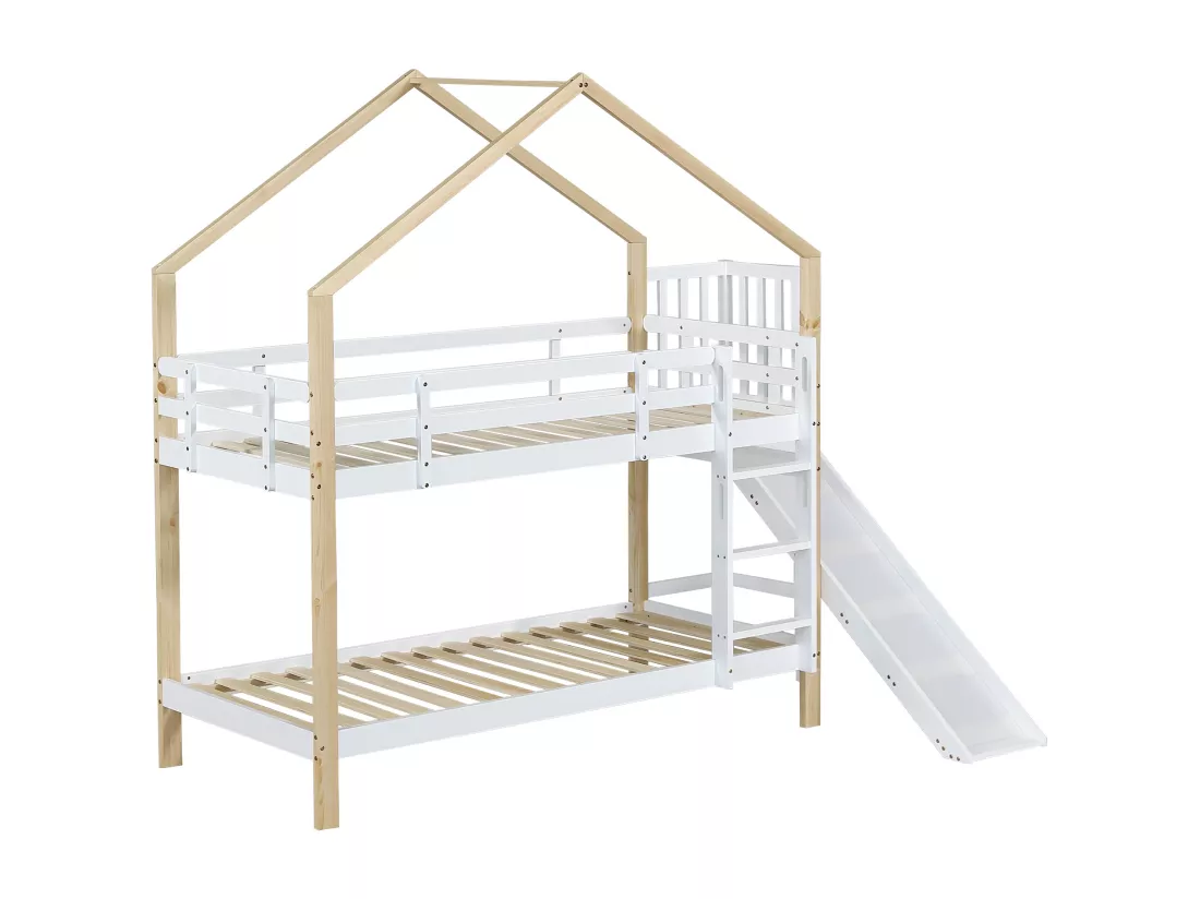 Lit superposé avec toboggan et échelle - cadre en bois massif - 90x200 cm - Blanc