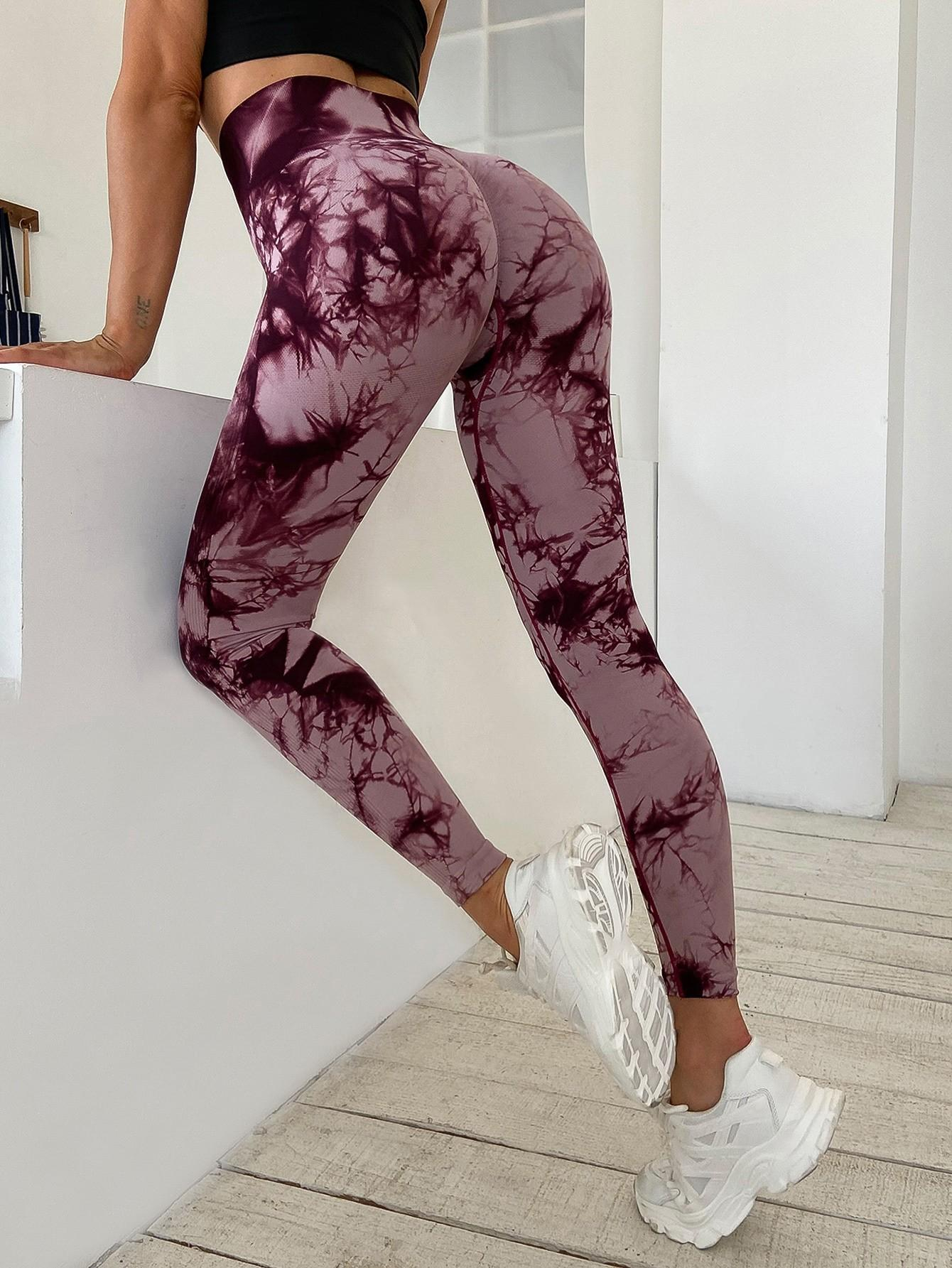 (Gr. L) Elastische Sport Push Up Leggings High Waist Shaping Stretch Tie Dye Hose für Frauen - Rosa