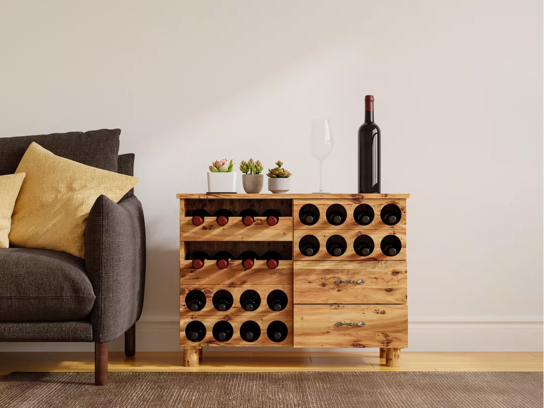 Meuble range bouteilles en bois de sapin et MDF - L.90 x P. 32 x H. 69 cm - Naturel - RIOJA